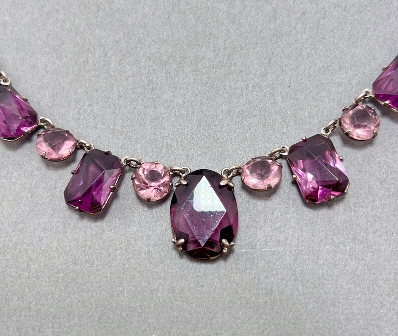 Vintage Art Deco Bezel Set French Cut Amethyst Purple Glass and Pink Crystal Sterling Silver Necklace image 8