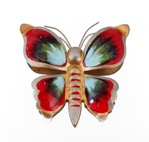 Huge VIBRANT Colorful Enamel BUTTERFLY Antique Vin