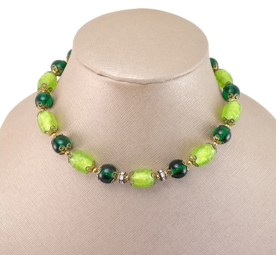 French Gripoix Glass Emerald / Lemon Lime Rhinest… - image 1