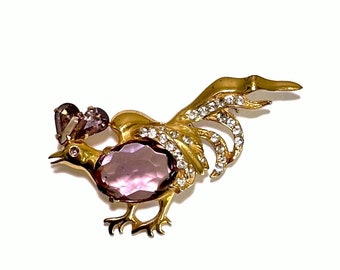 Vintage STERLING Vermeil Purple Glass Bird Of Paradise Brooch - Pin