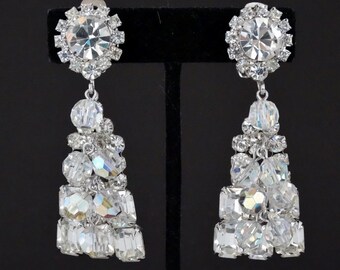 Dazzling Dramatic Vintage D&E JULIANA Rhinestone Massive 3&quot; Crystal Dangle Chandelier Earrings Rare STATEMENT