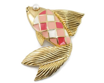 RARE Vintage VALENTINO Couture Gold with Bold PINK Enamel Fish Pin Brooch