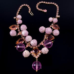 Fabulous Vintage D&E JULIANA Sparkling Pink Rhinestone and Bauble Bead Bib Necklace Book Piece image 2