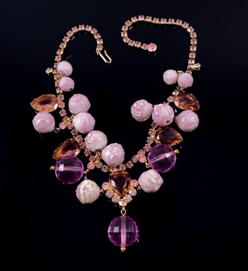 Fabulous Vintage D&E JULIANA Sparkling Pink Rhinestone and Bauble Bead Bib Necklace Book Piece image 2