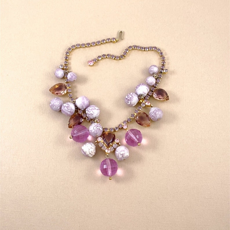 Fabulous Vintage D&E JULIANA Sparkling Pink Rhinestone and Bauble Bead Bib Necklace Book Piece image 1