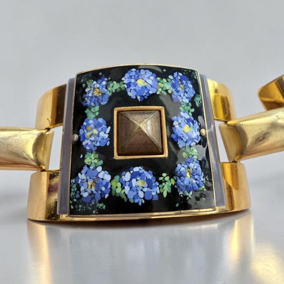 1930s French Art Deco Albert Flamand Fladium Depose * Floral Enamel * Hinged cuff  bracelet * Rare