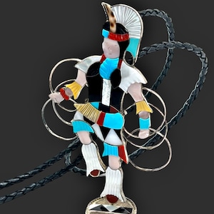 Vintage Zuni Jonathan Beyuka 6&quot; Kachina Hoop Dancer Bolo Tie W/Stand - Sterling Silver - Turquoise - Coral -Mother of Pearl - Onyx