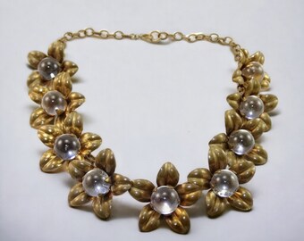 Vintage Art Deco - Art Nouveau - Pools of Light - Undrilled Rock Crystal - Gold Washed Brass Necklace - 9 Orbs!