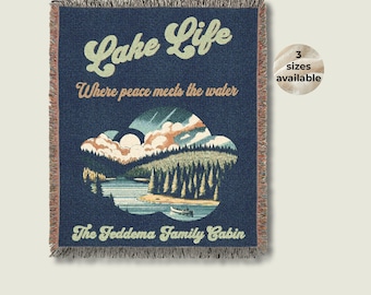 Manta con nombre personalizado, casa del lago, regalo familiar para papá, decoración de cabaña, cabaña rústica, manta acogedora, tapiz personalizado, casa de montaña junto al lago