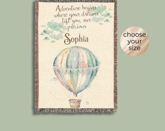 Manta de bebé personalizada para bebés pequeños soñadores, decoración de habitación infantil, regalo para recién nacidos, personalización de nombre, diseño de globos, decoración de habitación infantil.