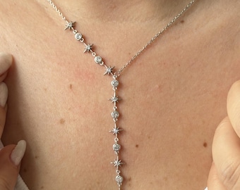 Sterling Silver Starburst Y Necklace, Celestial CZ Drop Lariat