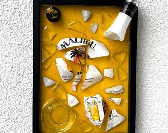 broken bottle art - malibu - wall decor - sustainable decoration - bottle wall art - handmade glass - eco art - upcycled bottles