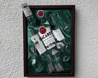 broken bottle art - barcadi - bar decorations - unique decoration for the home - home decoration glass art - broken art - recycled glass art