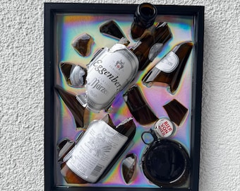 Broken bottle art - Eggenberger Märzen - upcycling decoration - art from broken bottles - glass art - unique glass art - wall pictures