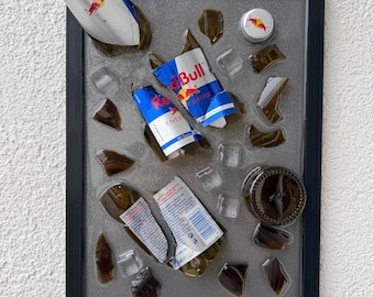 Broken bottle art - Red Bull - glass art made from broken bottles - wall decor with epoxy resin - handmade broken bottle art - modern wall decor