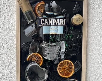 Broken bottle art - Campari - decorations - gifts - fan gifts - glass art - artworks made of glass - resin art - gift ideas - gifts