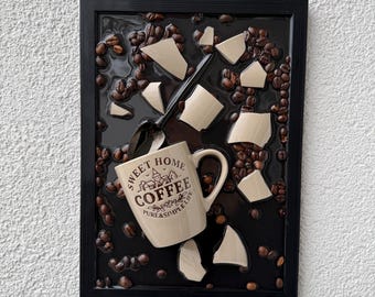Broken bottle art - coffee - coffee gifts for women - sustainable bottle art, modern - modern decor for living room