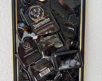 Broken bottle art - Jägermeister - glass art wall mural - handmade wall relief - broken glass - modern wall decoration - Christmas gifts