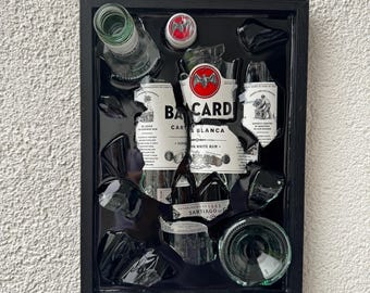 broken bottle art - barcadi - glass art from bottles - bottleart - broken bottle - handmade upcycled wall decor - walldecor - unique gift