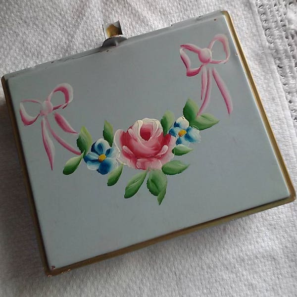 Vintage Toleware Crumb Catcher Silent Butler Pale Blue with Pink Rose and Ribbons Hand Painted Vintage Toleware