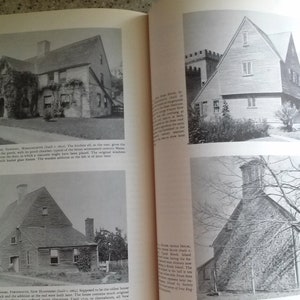 May include: Two black and white photographs of historic homes. The first image shows a two-story home with a large front porch and a stone foundation. The second image shows a single-story home with a steep roof and a small front porch.