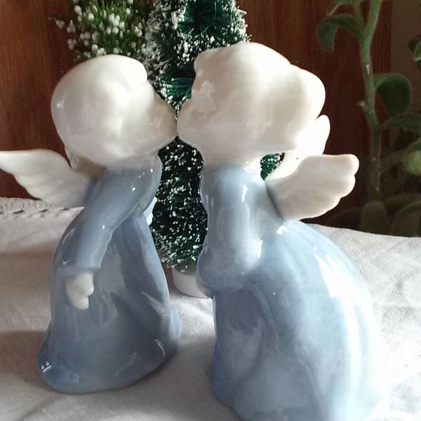 Vintage Kissing Angels Blue and White Kissing Angels Boy and Girl Christmas Figurines Vintage Christmas Boy and Girl Kissing Angels