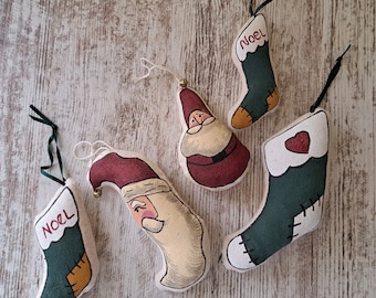 Santa's and Stockings Hand Made Christmas Sewn & Painted Set of Five (5) Ornaments