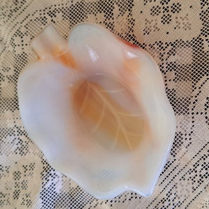 Vintage Akro Agate Glass Leaf Shaped Ashtray Orange and White Collectible Glass Trinket Dish *AS IS*
