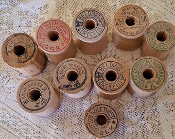 Vintage Wooden Thread Spools Ten (10) Empty Sewing Thread Spools Belding Corticelli Ivory Brand