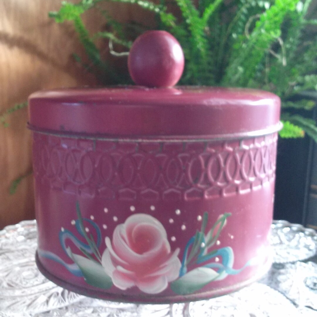 Toleware Powder Box Hand Painted Toleware Tin Pink Roses Storage ...
