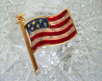 Rhinestone Flag Brooch, American Flag Brooch, USA Flag, Patriotic Pin, Vintage Cloisonne Brooch, Flag Pin