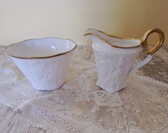 Rare Vintage Finest Royal Stafford White Bone China Creamer & Sugar Collectible Gold Gilt Trim Embossed Oak Tree Ivy Berries Pattern