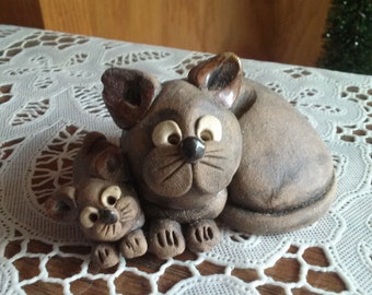 Vintage Cat with Kitten Figurine  Made by Clay Companions Collectible Figurine Shadowbox or Printer's Tray