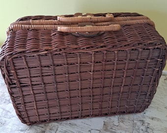 Vintage Suitcase Style Wicker Basket Woven Rattan Picnic/Suitcase Re-purpose Farmhouse Cottage Charm Decor Re-Purpose