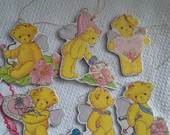 Vintage Die Cut Sweetheart Bears Hanging Decorations Package Tie-Ons Favors Crafts Altered Art NOS Package of Six (6)