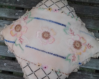 Vintage Shabby Embroidered Pillow Hand Stitched Decorative Pillow Wedding Ring Pillow Cottage Charm