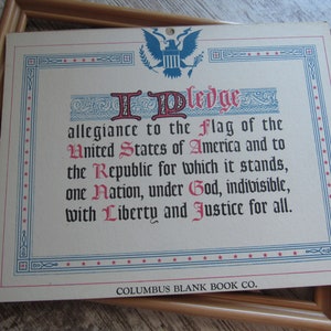 Framed Pledge of Allegiance Printed Lithograph Columbus Blank Book Co. Vintage Patriotic Wall Decor Americana