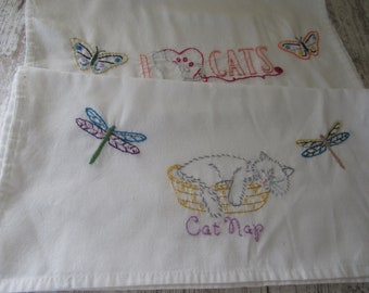 Vintage Hand Embroidered Tea Towels "I Love Cats" With Butterflies and "Cat Nap" With Dragonflies Two Vintage Kitchen Linens Re-purpose