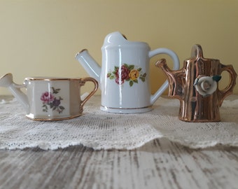 Trio of Vintage Miniature China Watering Cans Garden Collectibles Shadowbox Printer's Tray