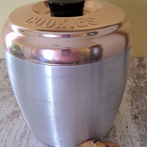 Vintage Mid-Century Brushed Chrome and Rose Copper Toned Cookie Canister