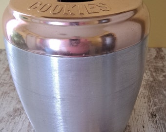 Vintage Mid-Century Brushed Chrome and Rose Copper Toned Cookie Canister