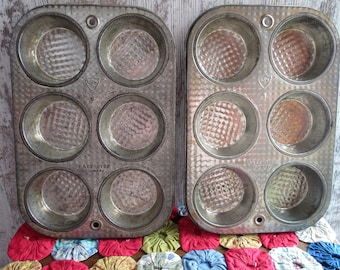 Two Vintage Cupcake or Muffin Baking Tins Bake-Rite Textured Tinware Pans Vintage Kitchen Rustic Bakeware