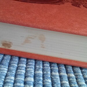 May include: Close-up of the spine of a book with a red cover and a gold design. The book is on a blue and white striped surface.