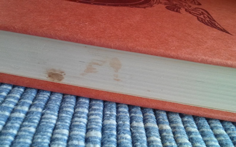 May include: Close-up of the spine of a book with a red cover and a gold design. The book is on a blue and white striped surface.