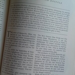 May include: A black and white photo of a page from a book about the history of glassmaking in Zanesville, Ohio. The text discusses the founding of the town and the development of the glass industry. The text mentions the "New Granite Glass Works" and the "Green Glass Manufactory".