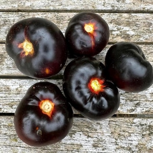 May include: Five dark purple tomatoes with a glossy sheen are arranged on a weathered wooden surface. Each tomato has a bright yellow and orange centre. The tomatoes vary in size and shape, with some being round and others more oblong.
