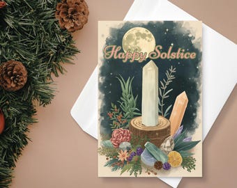 Happy Solstice Greeting Card Witchy Crystals Holiday Card for Yule Christmas Spritual Magical High Vibrational Energy Aura Christmas Card