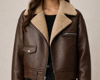 Women’s Brown Aviator Shearling Jacket | Real & Faux Leather Bomber Coat | Winter Flight Style Outerwear