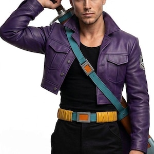 May include: A person wearing a purple leather jacket, black shirt, and black pants, with a sword over their shoulder. The jacket has a teal strap and a yellow belt with a teal buckle. The person has silver hair.