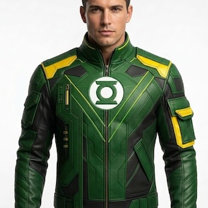 May include: Green and black jacket with yellow accents, featuring a full-zip closure and a high collar. The jacket has a circular emblem on the chest and multiple pockets. The design is reminiscent of a superhero costume.